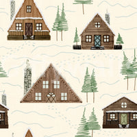 Tapetenmuster „Kleine verschneite Berghüttensiedlung im Cabincore-Winterstil“