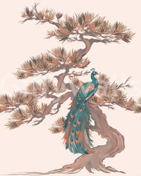 Mural de pared con motivo chinoiserie de pinos y aves