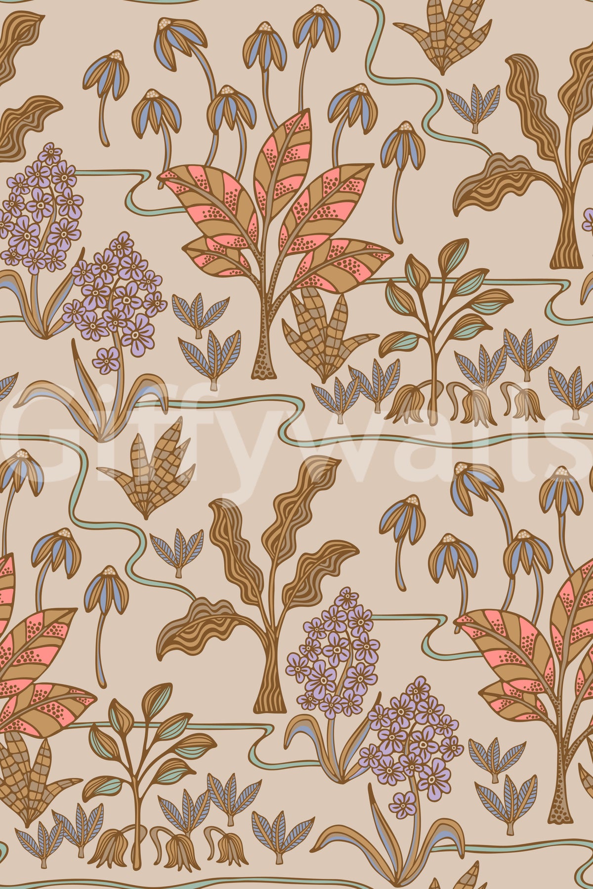 Tapetenmuster „Tropical Garden Toile“ mit bezaubernden floralen und botanischen Motiven in warmen Pastelltönen