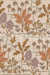Tapetenmuster „Tropical Garden Toile“ mit bezaubernden floralen und botanischen Motiven in warmen Pastelltönen