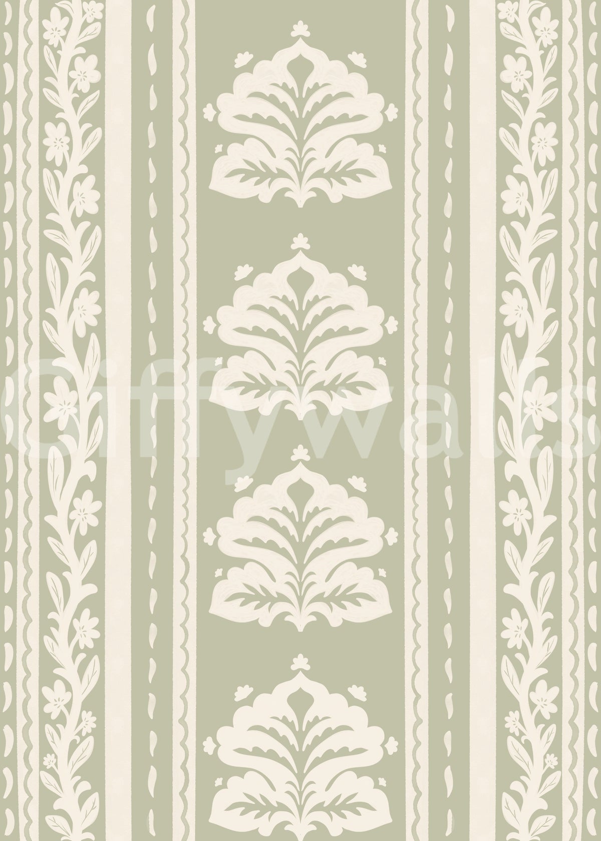 Papel de parede botânico às riscas em creme e verde-sálvia⁠