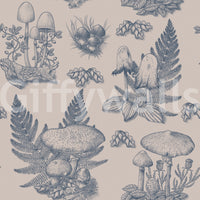 Mushroom - Autumnal Toile de jouy - Blue  Wallpaper⁠