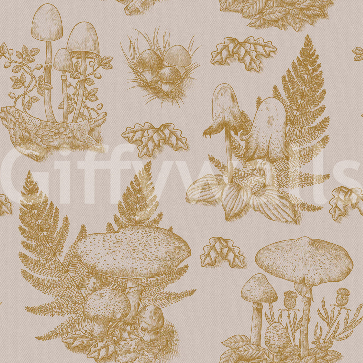 Carta da parati a tema funghi - Toile de jouy autunnale - oro