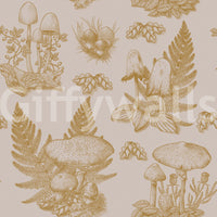 Carta da parati a tema funghi - Toile de jouy autunnale - oro