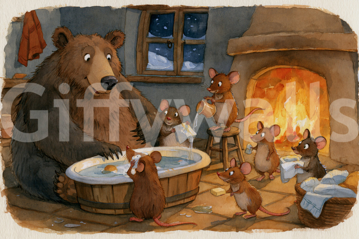 Waldtiere beim Baden: Bär mit Mäusen in einer gemütlichen Winterhüttenszene als Wandbild