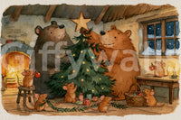Waldtiere-Freunde: Bären schmücken einen Weihnachtsbaum mit kleinen Mäusen - Wandbild mit Geschichte