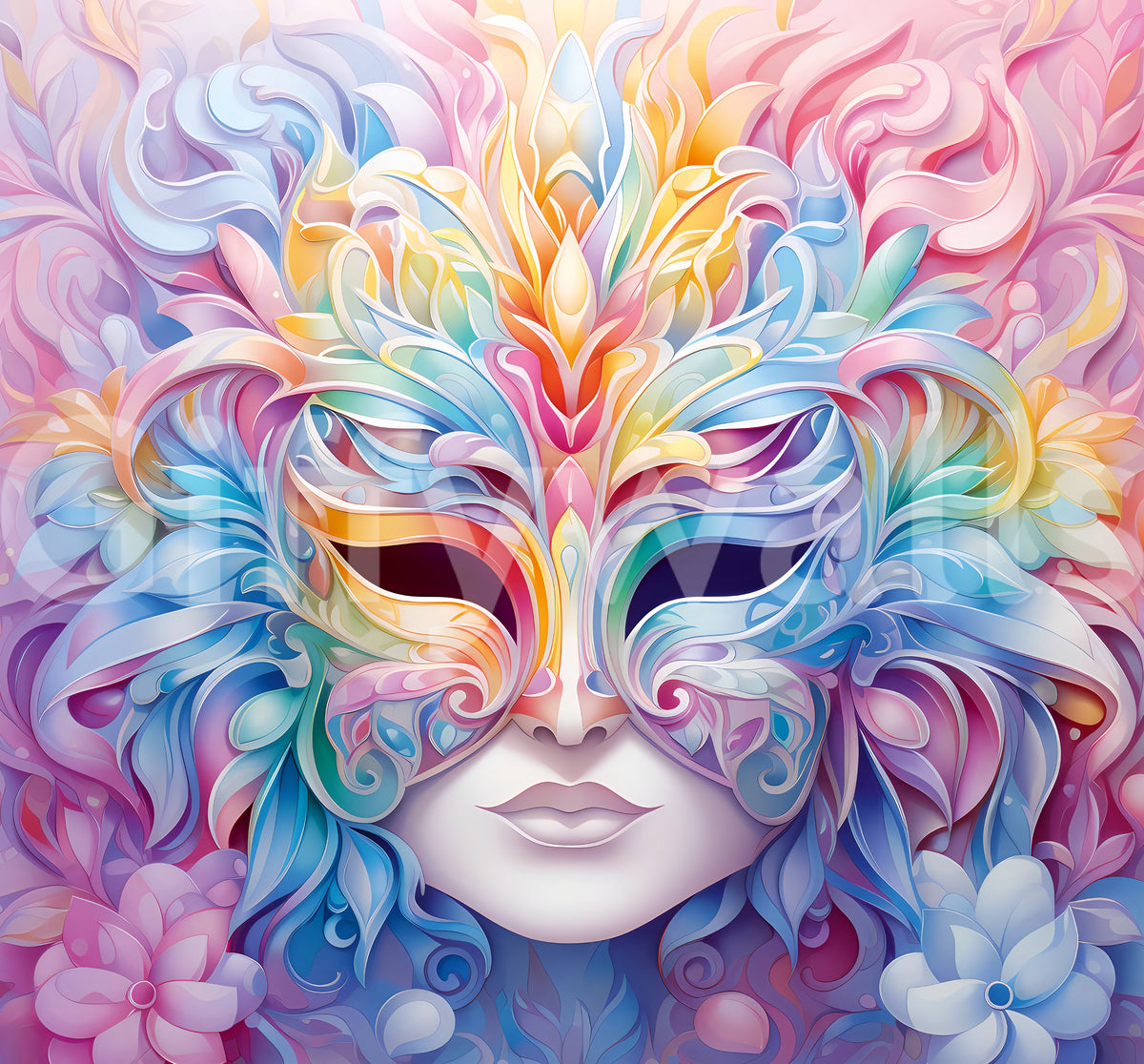 Wandbild mit pastellfarbenem Blumenmaskenmotiv