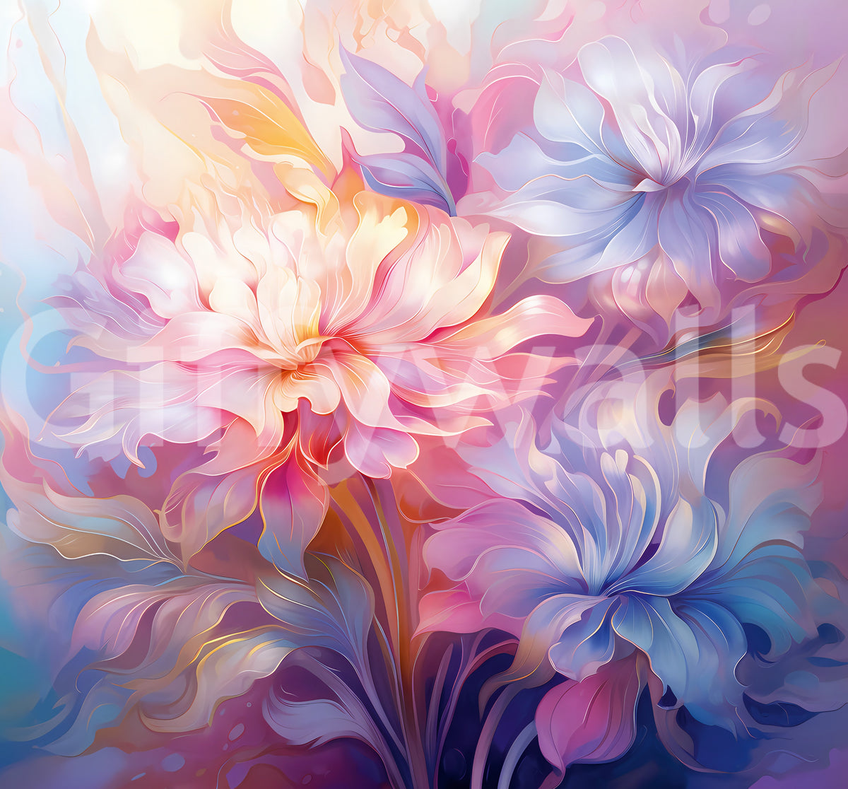 Etherele pastelkleurige bloemenmuurschildering