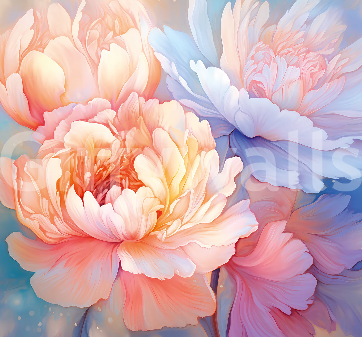 Verträumtes Wandbild mit einer Pfingstrosenblüten-Illustration