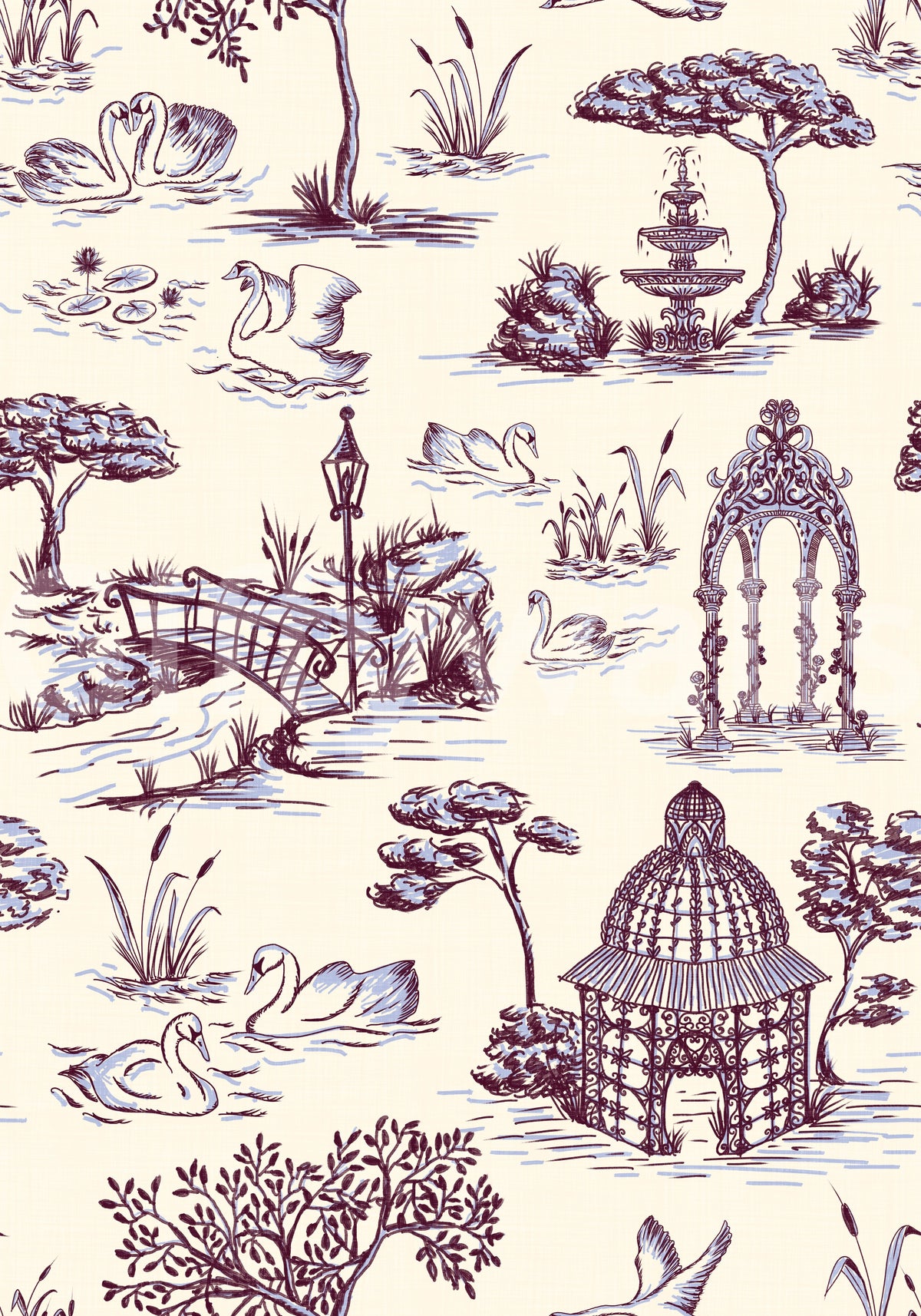Papier peint représentant un jardin victorien avec cygne, en toile de Jouy moderne, scène contrastée inattendue