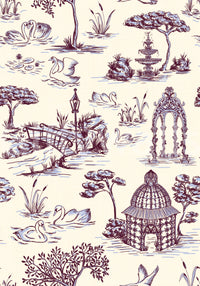 Papier peint représentant un jardin victorien avec cygne, en toile de Jouy moderne, scène contrastée inattendue