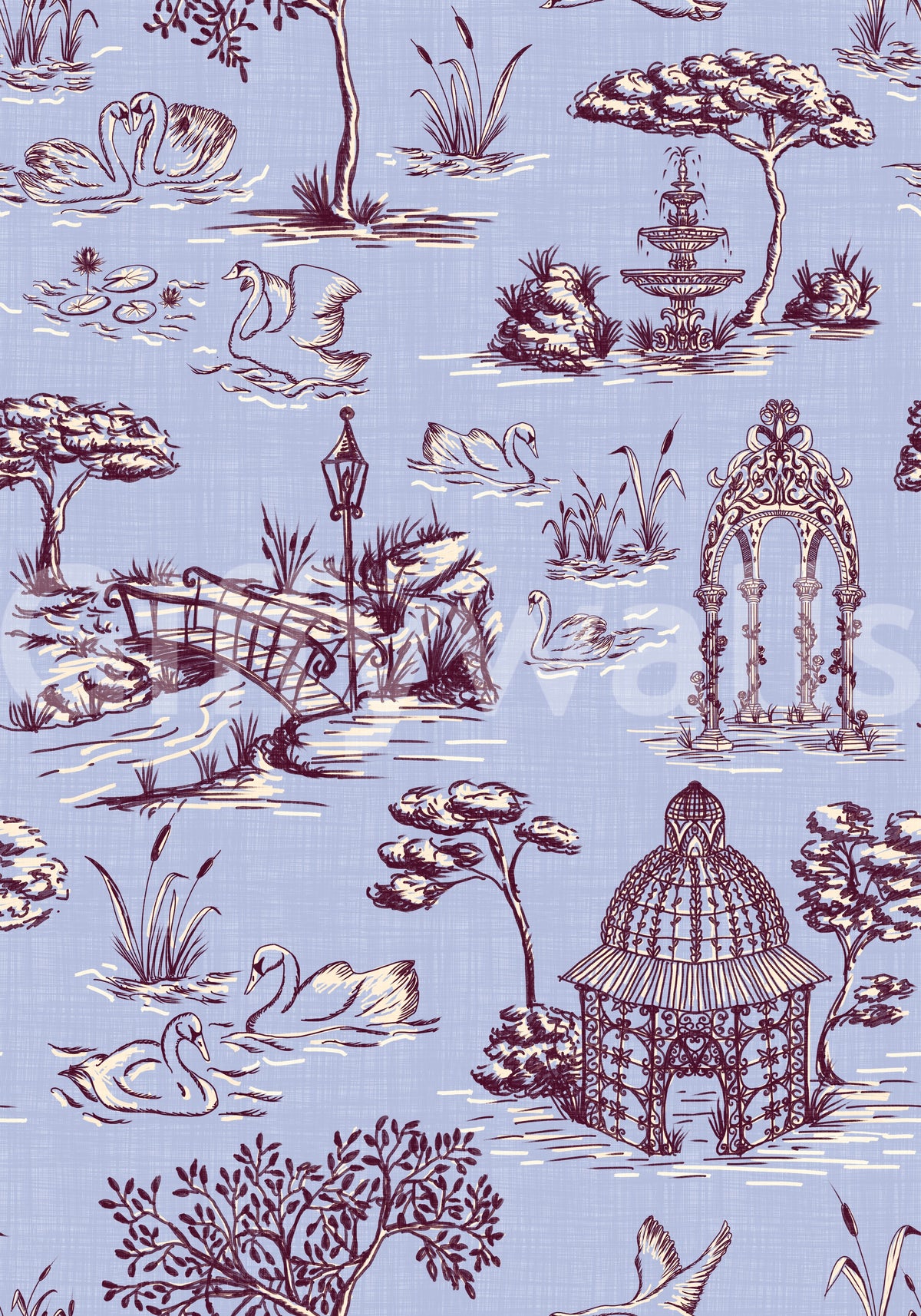 Papel de parede com cenário de jardim vitoriano moderno Toile de Jouy com cisnes - contraste de tons quentes e frios
