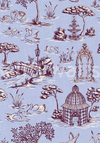 Papel de parede com cenário de jardim vitoriano moderno Toile de Jouy com cisnes - contraste de tons quentes e frios