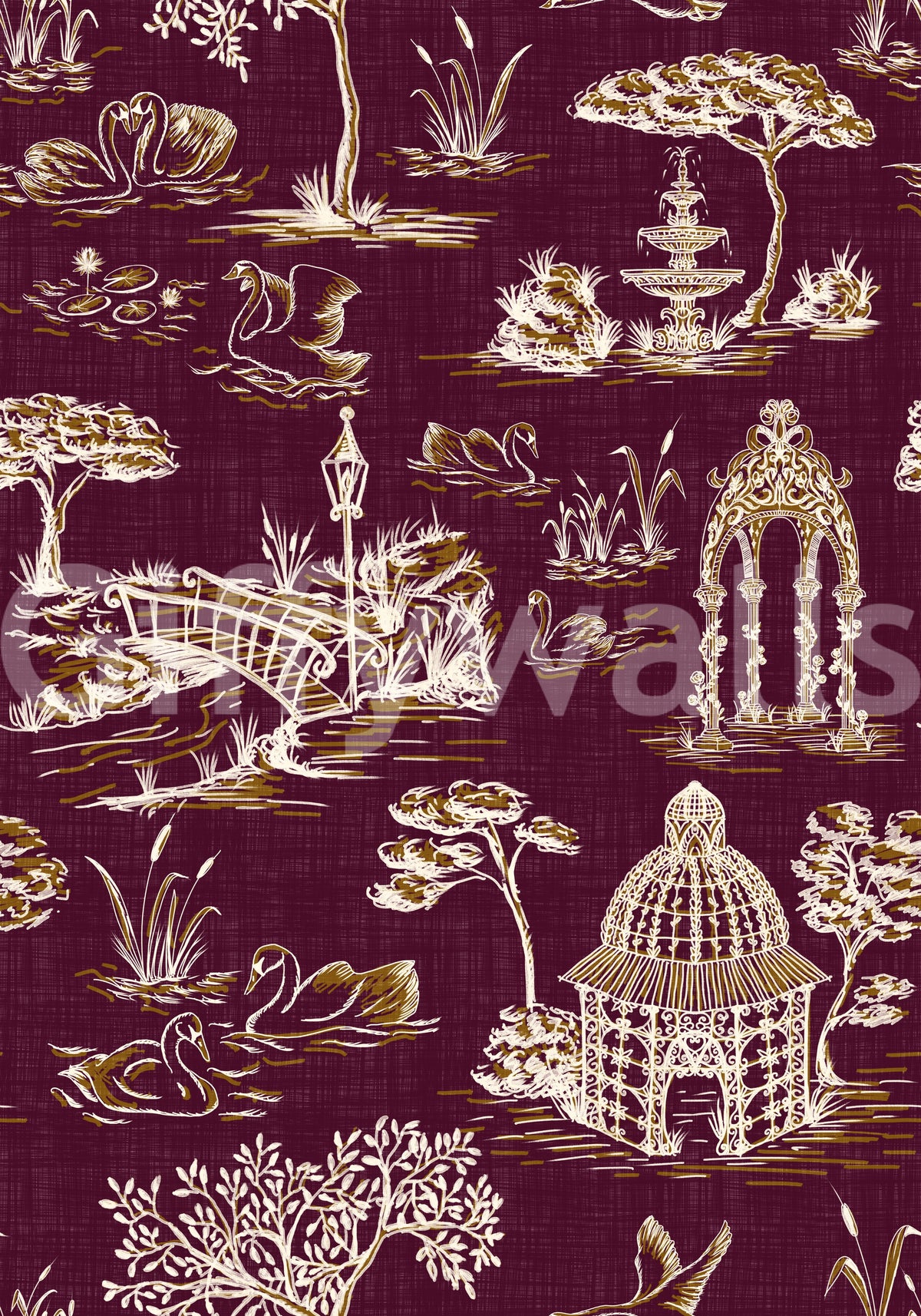 Moderne Toile-de-Jouy-Schwan-Szenerie mit viktorianischem Garten - Tapete in königlichen Juwelentönen