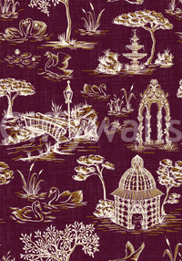 Moderne Toile-de-Jouy-Schwan-Szenerie mit viktorianischem Garten - Tapete in königlichen Juwelentönen