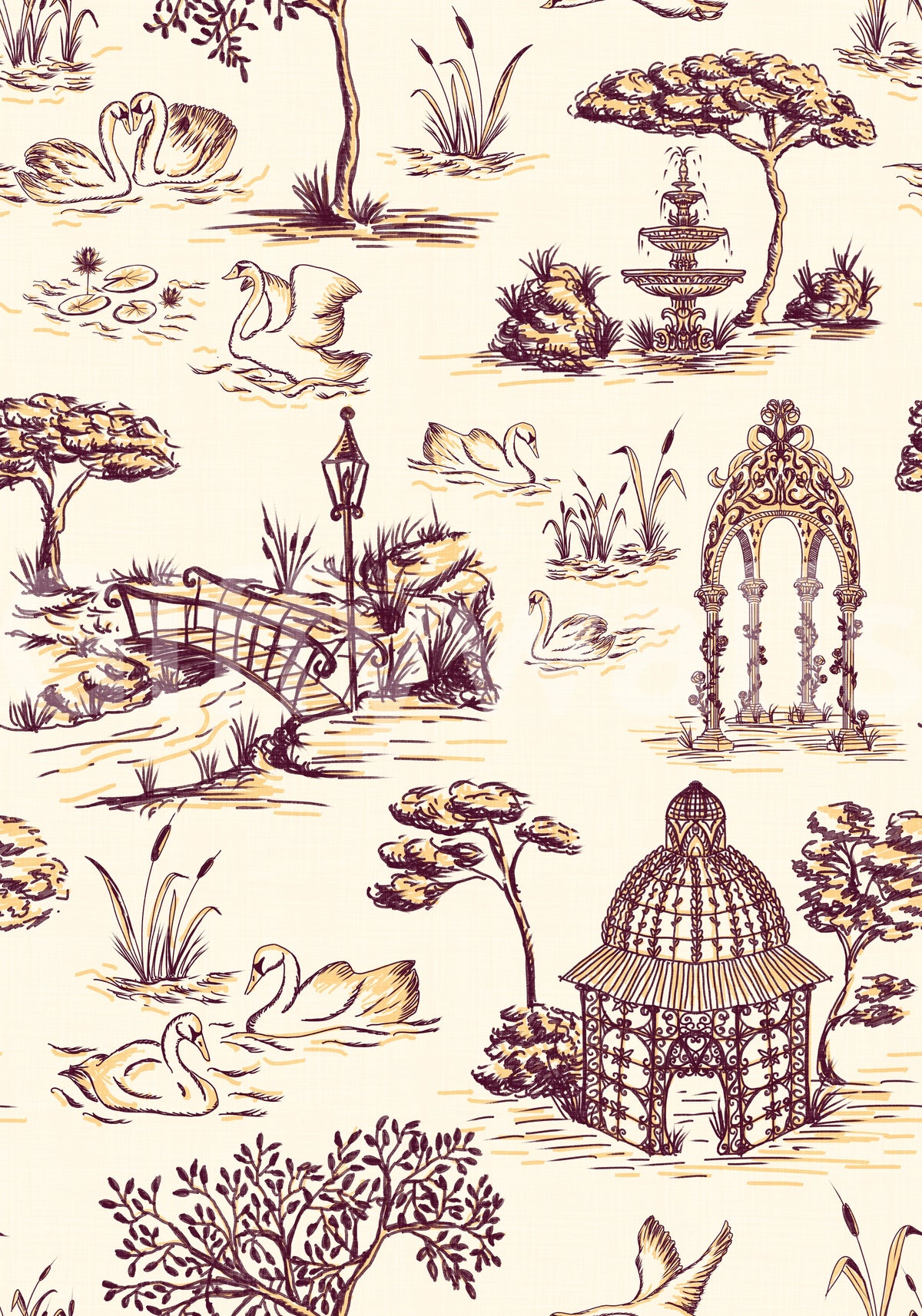 Papel de parede Modern Toile de Jouy com cisnes, cenário de jardim vitoriano - contraste intenso