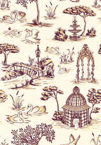 Papel de parede Modern Toile de Jouy com cisnes, cenário de jardim vitoriano - contraste intenso
