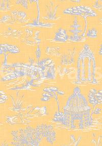 Paisaje de jardín victoriano moderno con cisnes estilo Toile de Jouy - Papel pintado moderno de contraste pastel