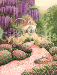 Fresque murale de cottage de jardin enchanté aux glycines