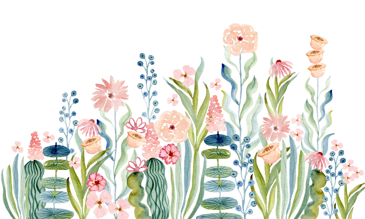 Wandbild „Botanischer Garten mit Aquarellblumenwiese“
