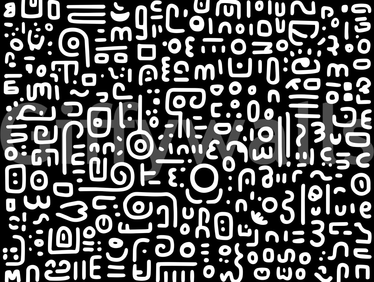 Monochrome geometrische Kritzel-Symbole auf schwarzem Wandbild