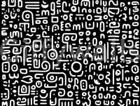 Monochrome geometrische Kritzel-Symbole auf schwarzem Wandbild