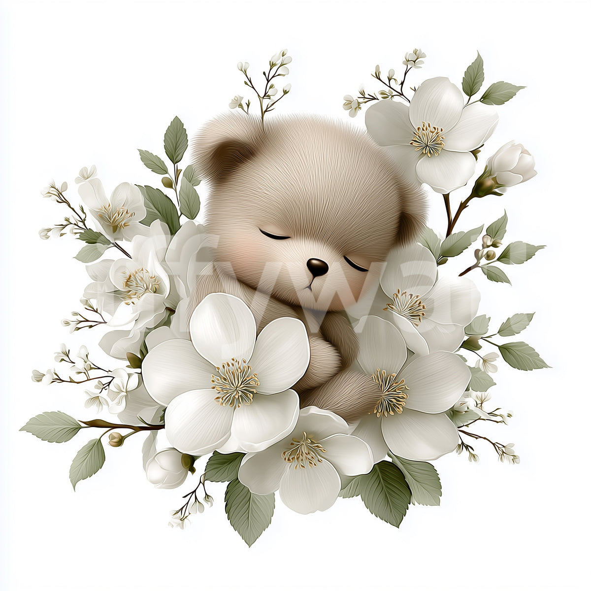 Wandbild „Schlafender Bär in weißen Blüten“