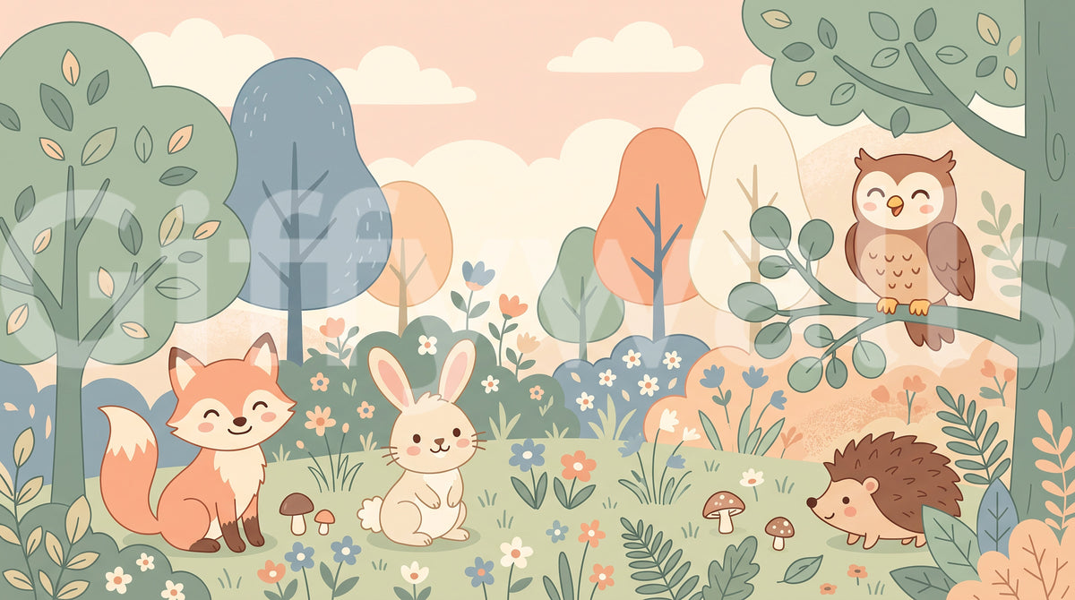 Panorama mural Animaux sympathiques de la forêt dans une forêt aux tons pastel doux
