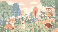 Panorama mural Animaux sympathiques de la forêt dans une forêt aux tons pastel doux