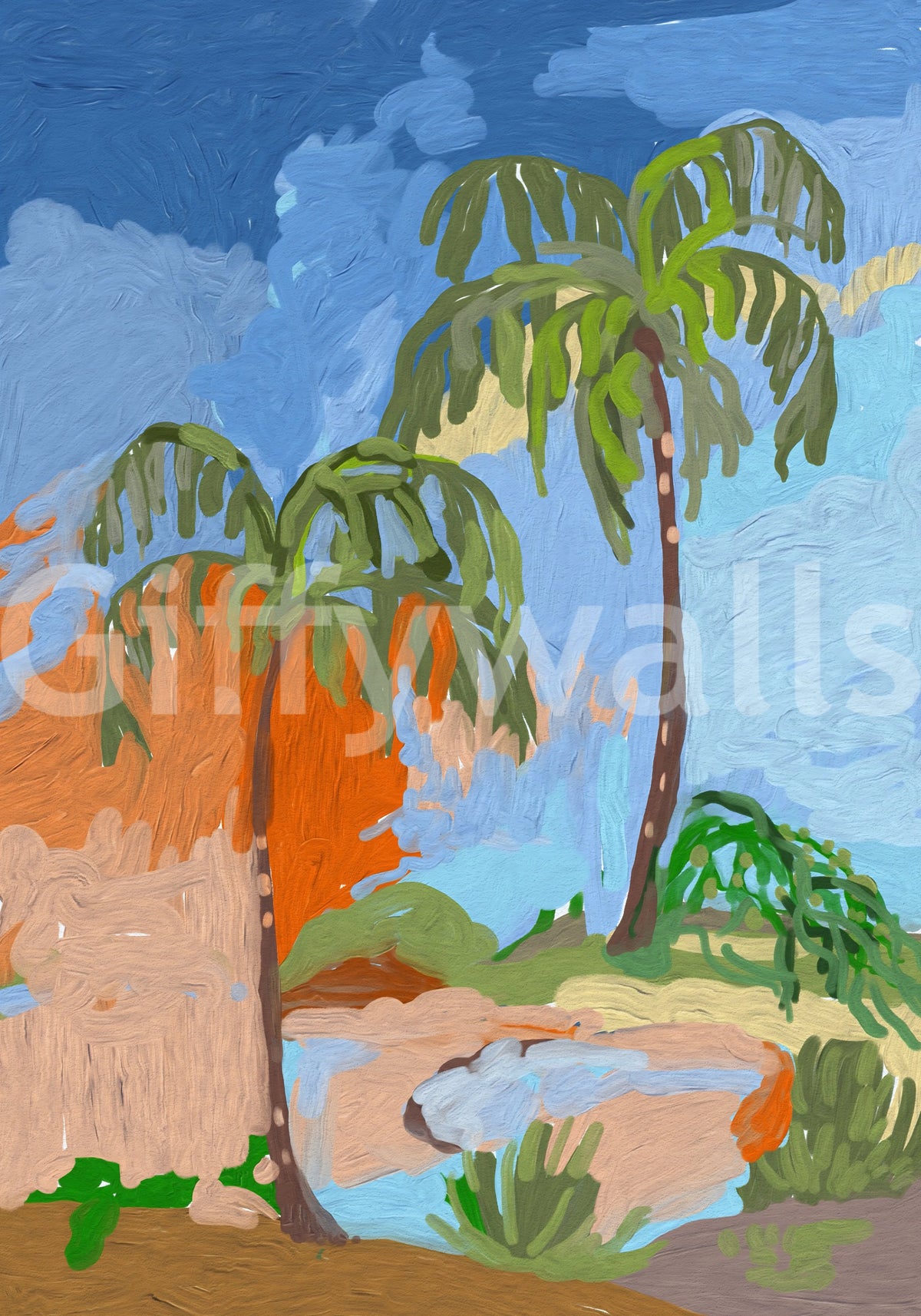 Murale da parete con impressione di oasi di palme costiera