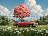 Vintage rode coupé in lent Weide wanddecoratie
