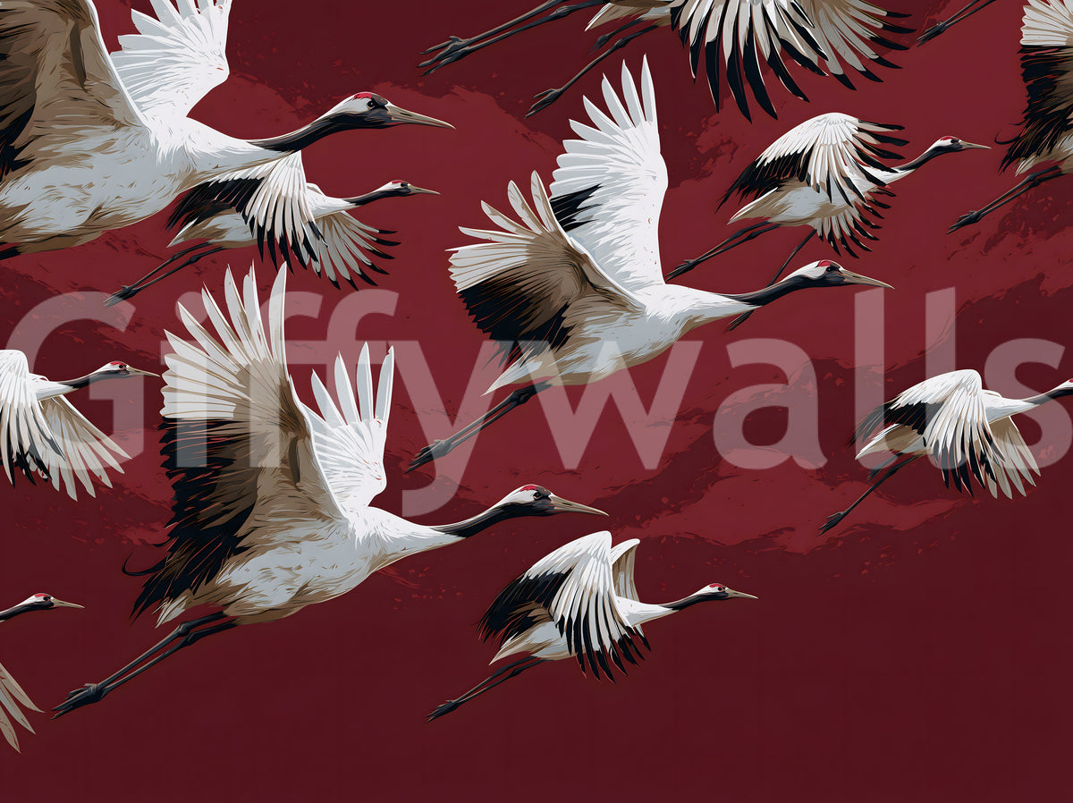 Papier peint mural Vol de grues cramoisi