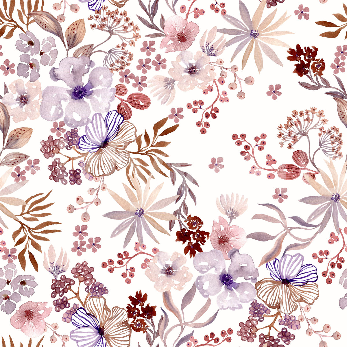 Papier peint botanique Boho mauve à motifs esquissés