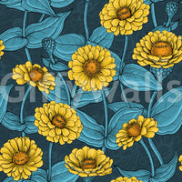 Papier peint botanique représentant un jardin de zinnias jaunes
