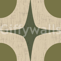 Carta da parati vintage geometrica con motivo a stella esplosiva Mid-Century verde oliva