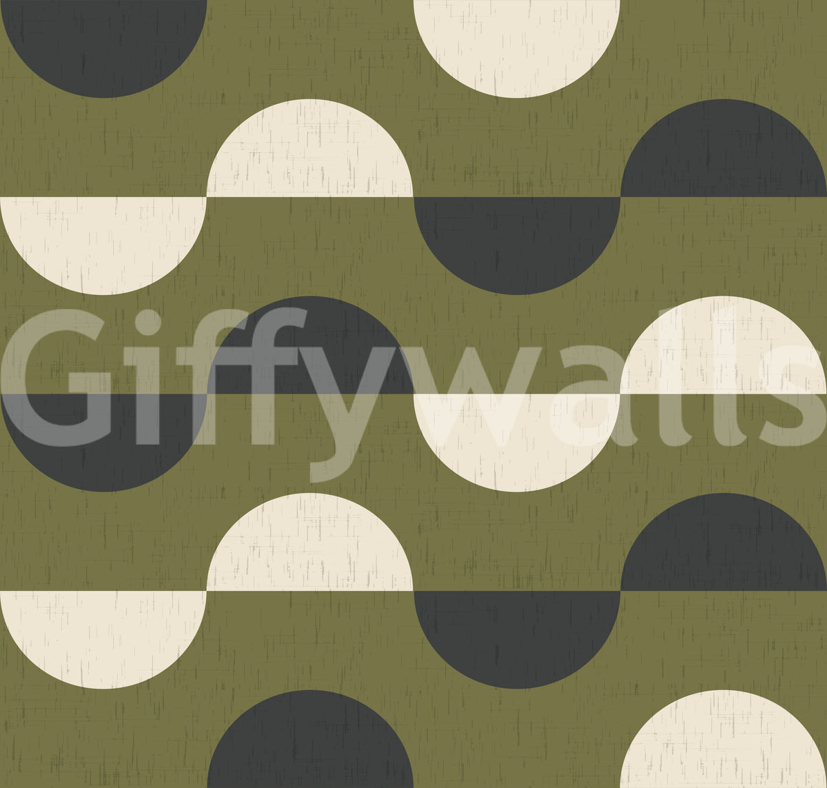 Papier peint demi-lune vert olive, style géométrique rétro du milieu du siècle