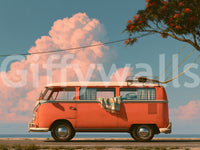 Vintage vægmaleri med kyst-campervan og feriestemning