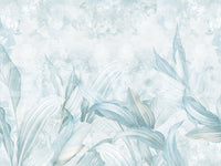 淡いライトブルーの植物柄壁画 壁画