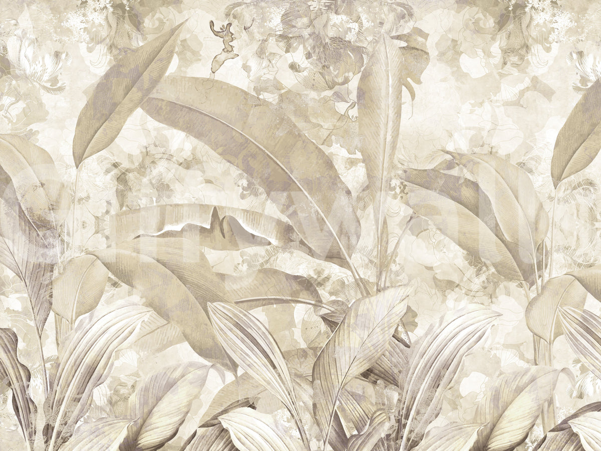Papier peint panoramique botanique tropical à feuilles, beige sable chaud