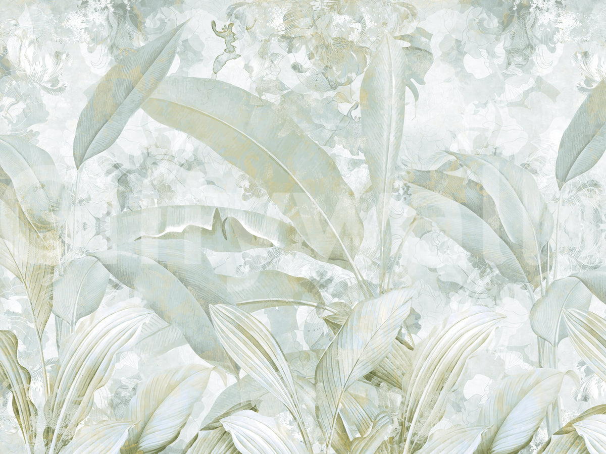 Papier peint panoramique à feuilles tropicales botaniques vert sauge et doré