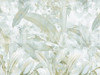 Papier peint panoramique à feuilles tropicales botaniques vert sauge et doré