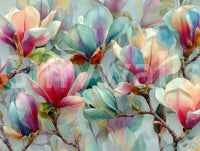Botanisk vægmaleri med magnolier i forårsblomst