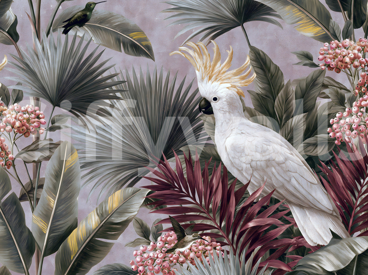 Papier peint panoramique avec cacatoès et flore tropicale