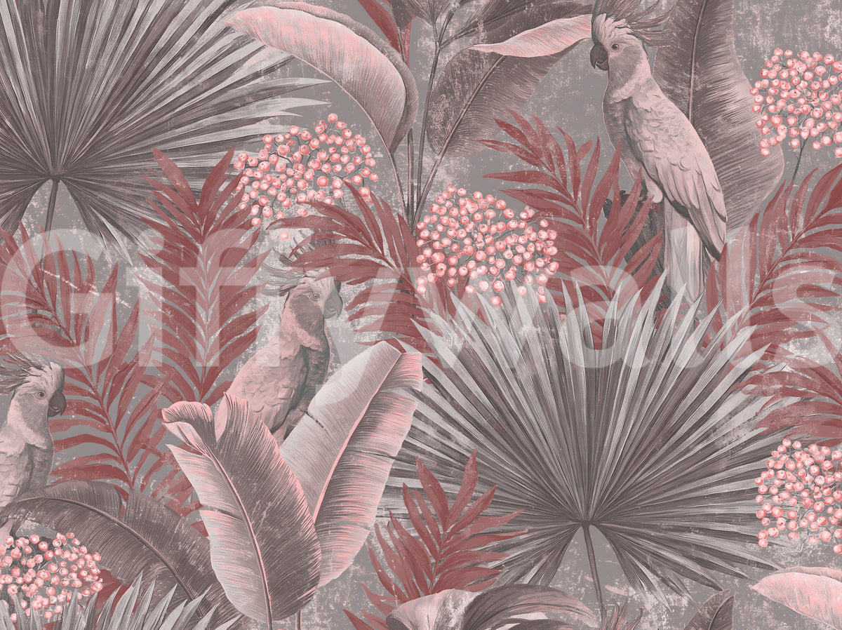 Wandbild mit Kakadu in gedecktem Rosa und tropischem Blattwerk