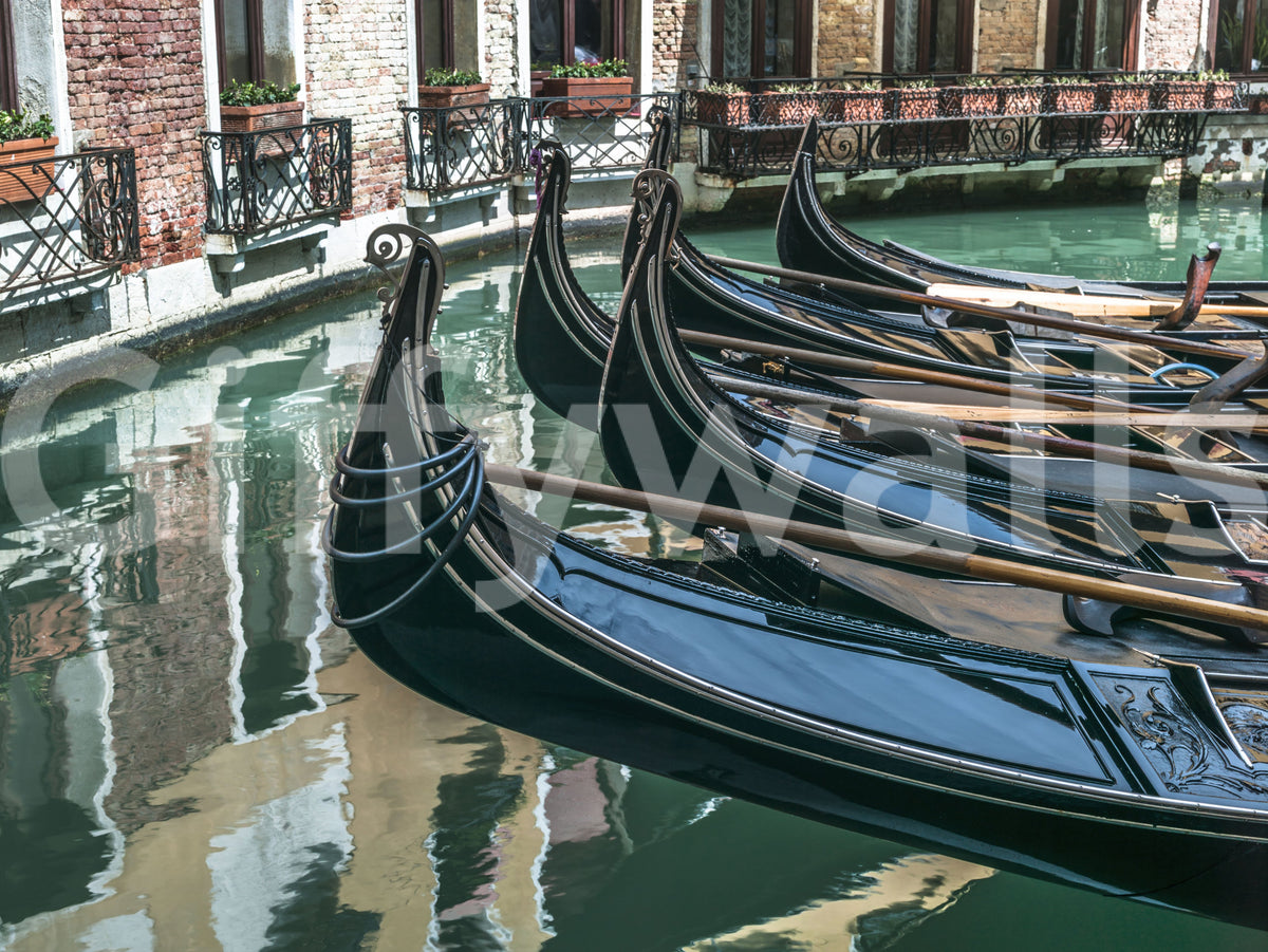 Close view of venice wallpaper with black gondolas and green canal GD14197