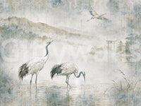 穏やかな日本の風景と鶴の壁画