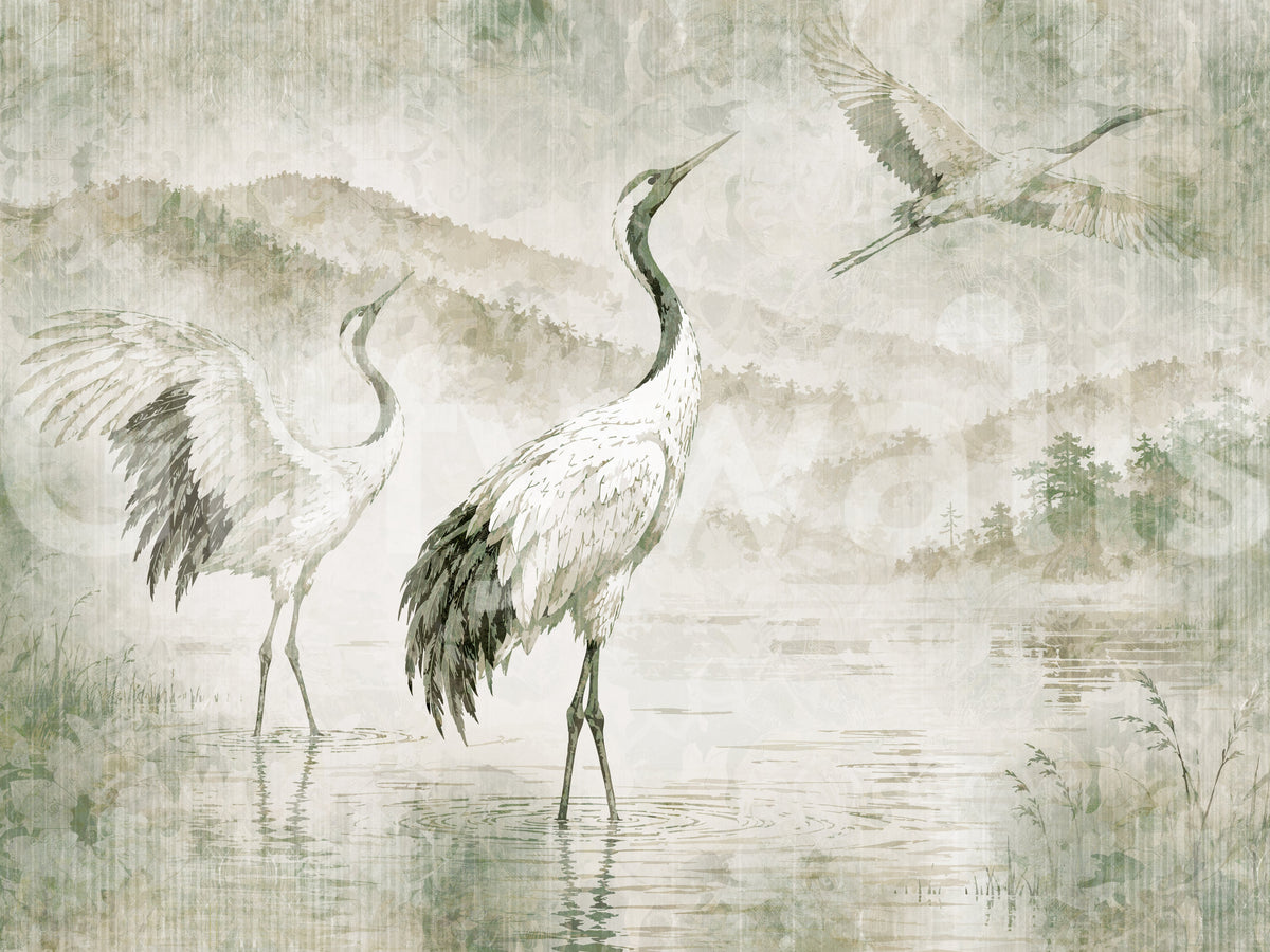 Väggmålning med naturens möte och japanska tranor