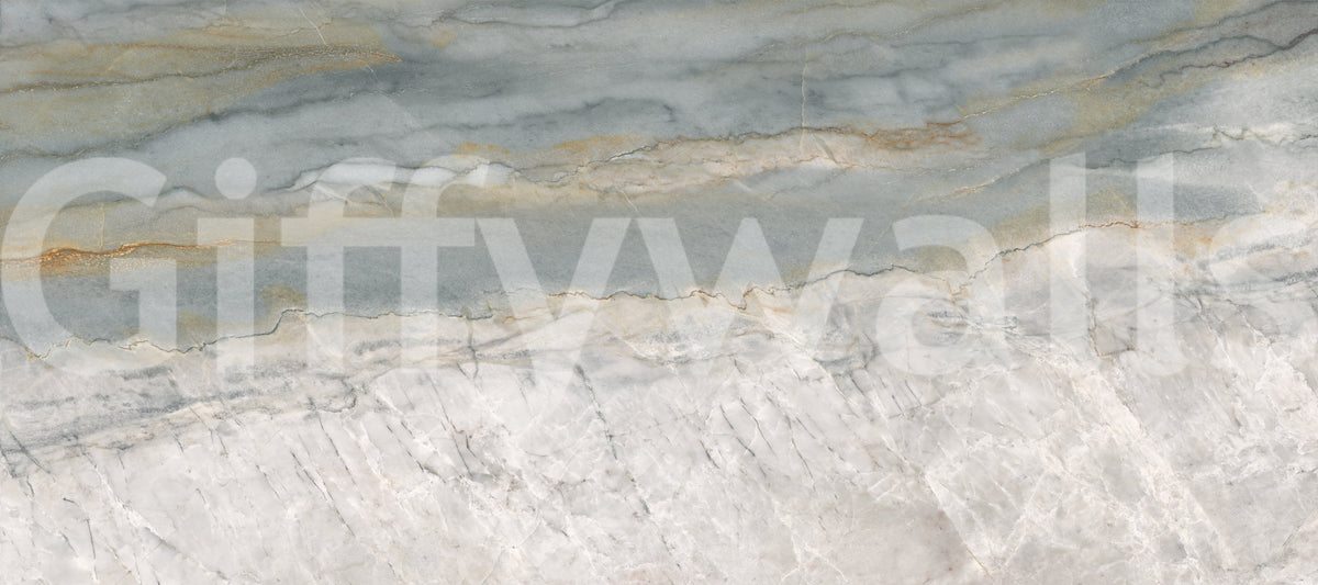 Close-up of marble wallpaper swatch showing blue gray veins and gold edges GD14204