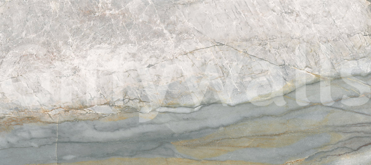 Marble wallpaper swatch of pale gray stone meeting a blue gray band with gold veins GD14215