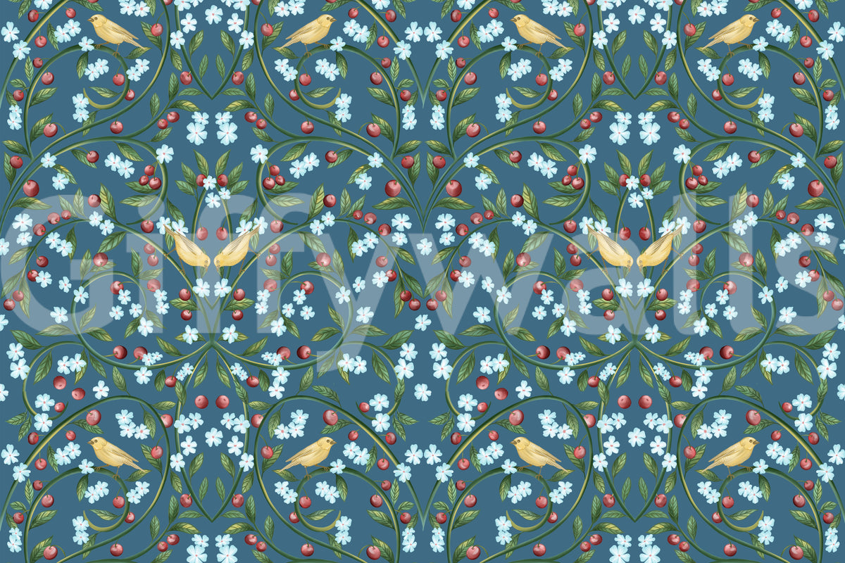 Blue Songbird and Cherry Blossom Botanical